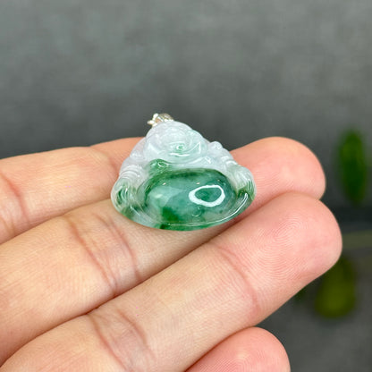 Natural Light Green Jadeite Jade Buddha Pendant with S925 Silver Hook