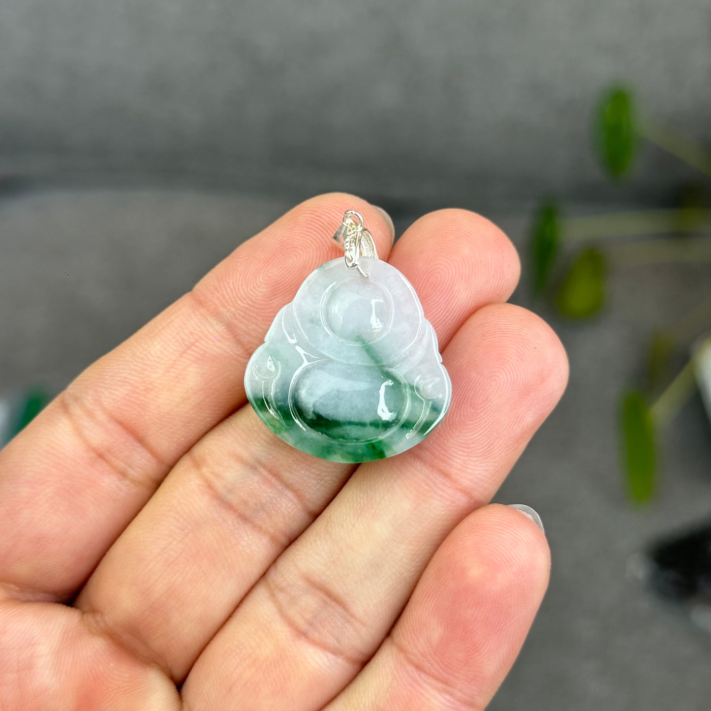 Natural Light Green Jadeite Jade Buddha Pendant with S925 Silver Hook
