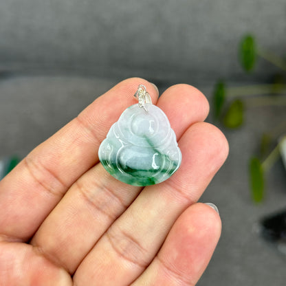 Natural Light Green Jadeite Jade Buddha Pendant with S925 Silver Hook