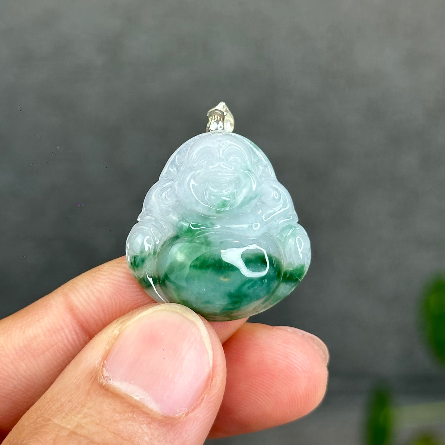 Natural Light Green Jadeite Jade Buddha Pendant with S925 Silver Hook