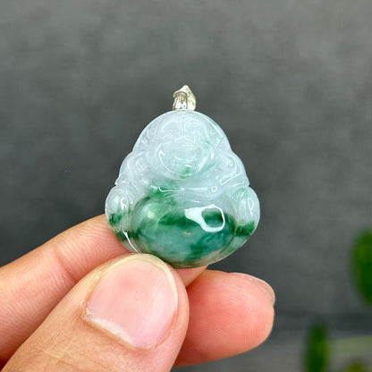 Natural Light Green Jadeite Jade Buddha Pendant with S925 Silver Hook