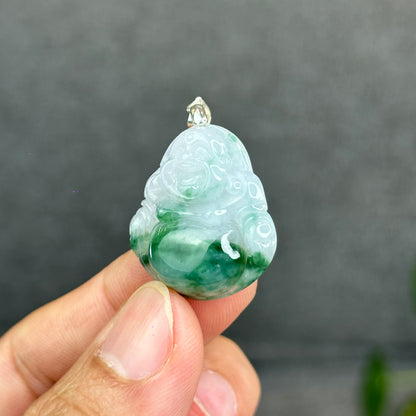 Natural Light Green Jadeite Jade Buddha Pendant with S925 Silver Hook