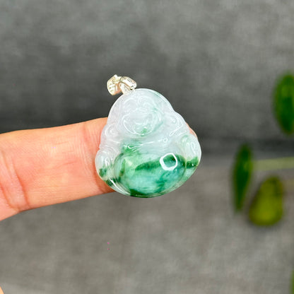 Natural Light Green Jadeite Jade Buddha Pendant with S925 Silver Hook