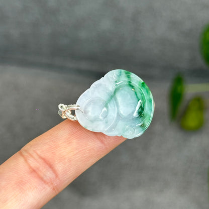 Natural Light Green Jadeite Jade Buddha Pendant with S925 Silver Hook