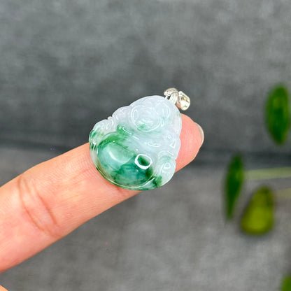 Natural Light Green Jadeite Jade Buddha Pendant with S925 Silver Hook