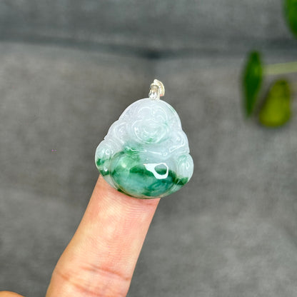 Natural Light Green Jadeite Jade Buddha Pendant with S925 Silver Hook