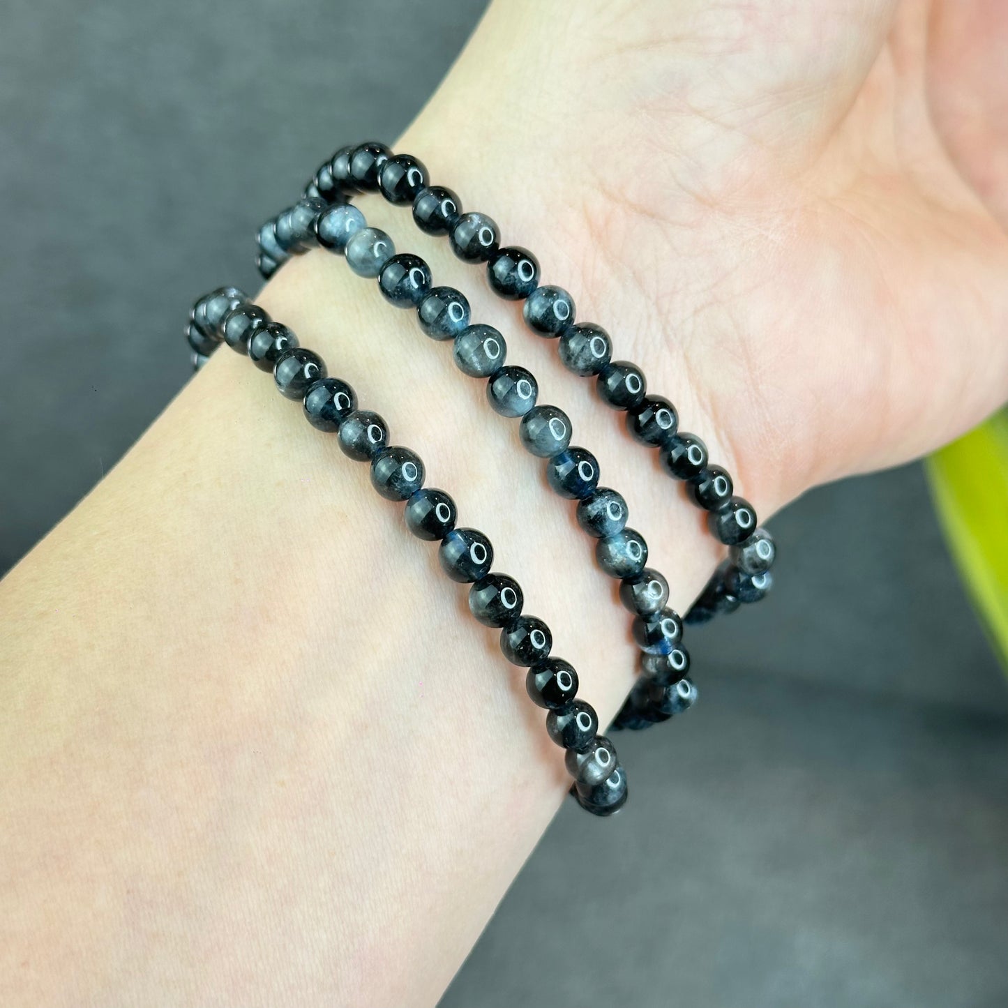Natural Midnight with Flash Aquamarine Triple Wrap Bracelet Size 5 mm