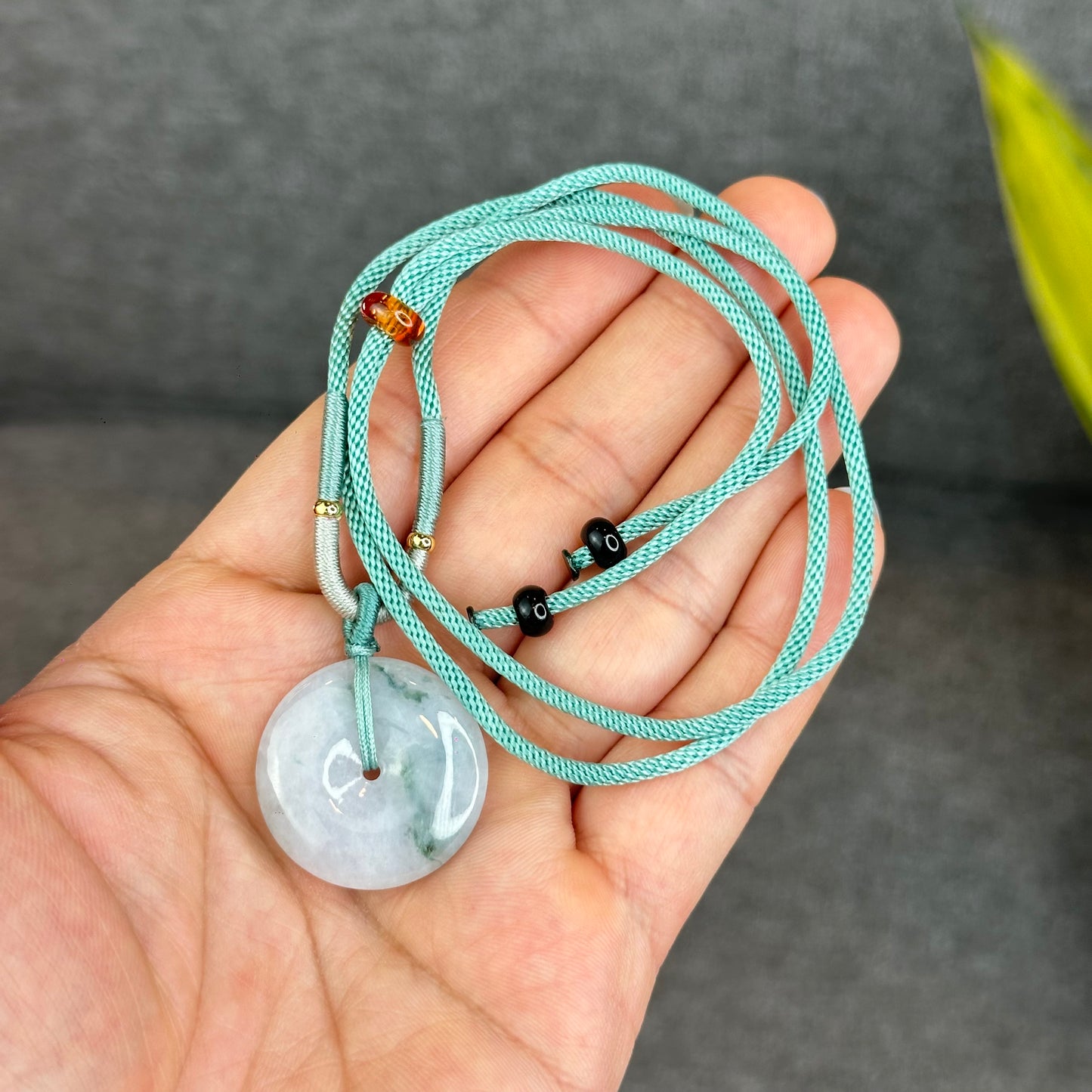 Semi-Translucent Floating Moss Floral Green Jadeite Jade Donut Necklace