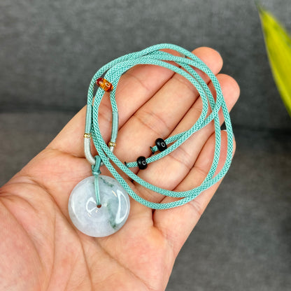 Semi-Translucent Floating Moss Floral Green Jadeite Jade Donut Necklace