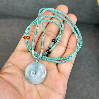 Semi-Translucent Floating Moss Floral Green Jadeite Jade Donut Necklace
