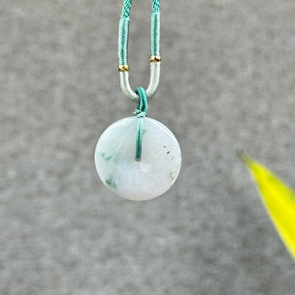 Semi-Translucent Floating Moss Floral Green Jadeite Jade Donut Necklace