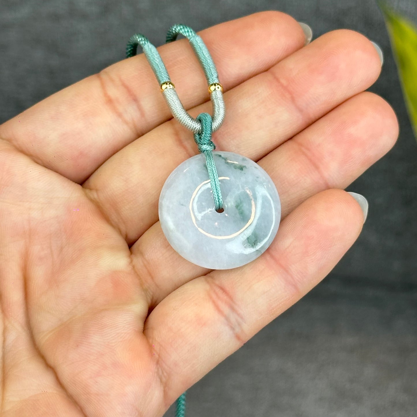 Semi-Translucent Floating Moss Floral Green Jadeite Jade Donut Necklace
