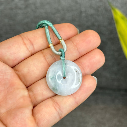 Semi-Translucent Floating Moss Floral Green Jadeite Jade Donut Necklace