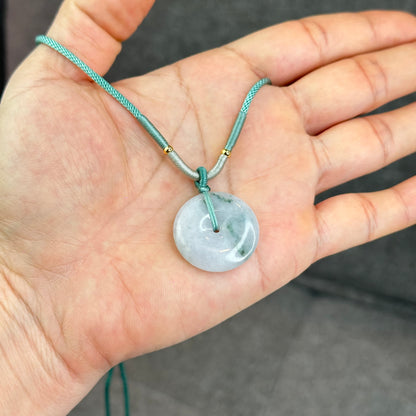Semi-Translucent Floating Moss Floral Green Jadeite Jade Donut Necklace