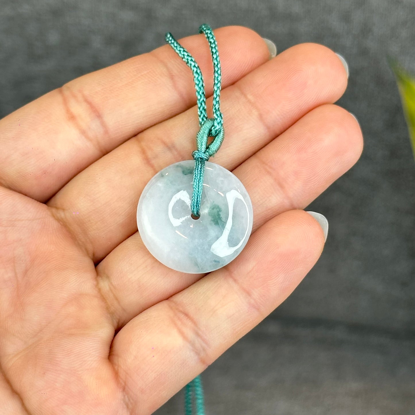 Semi-Translucent Floating Moss Floral Green Jadeite Jade Donut Necklace