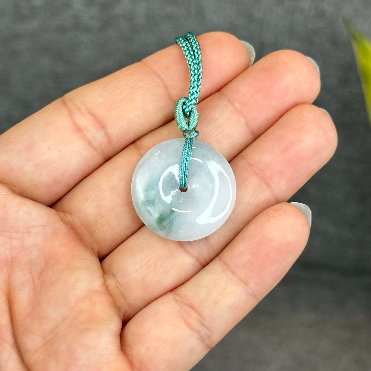 Semi-Translucent Floating Moss Floral Green Jadeite Jade Donut Necklace