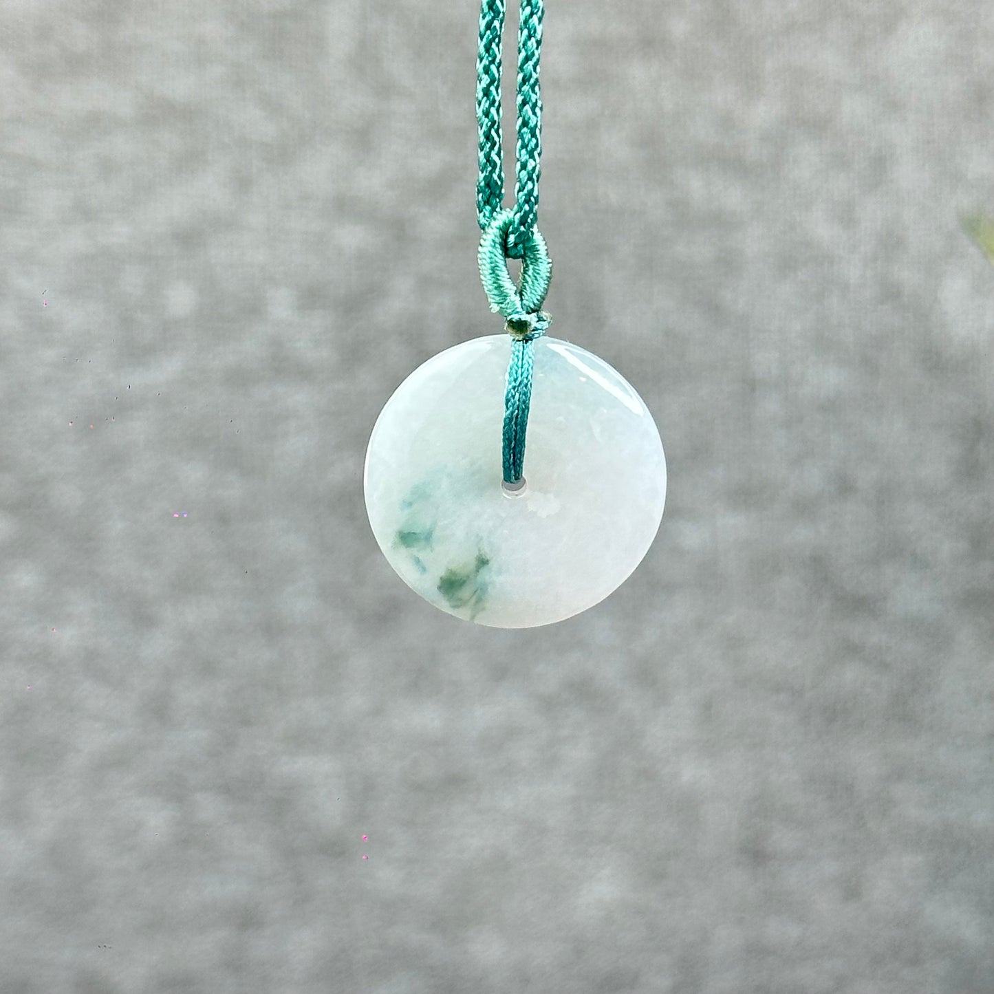 Semi-Translucent Floating Moss Floral Green Jadeite Jade Donut Necklace