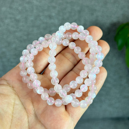 Natural Pink Moonstone Triple Wrap Bracelet Slze 6.5 mm