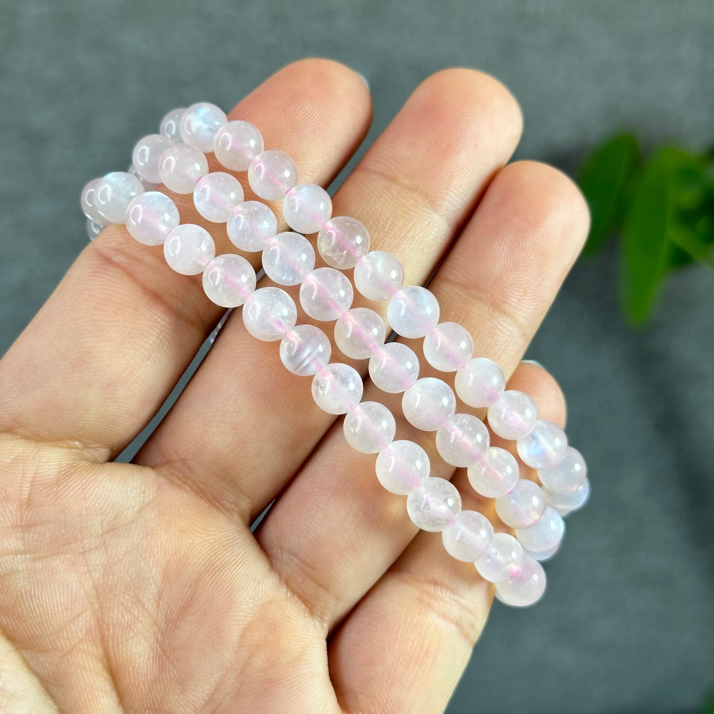 Natural Pink Moonstone Triple Wrap Bracelet Slze 6.5 mm