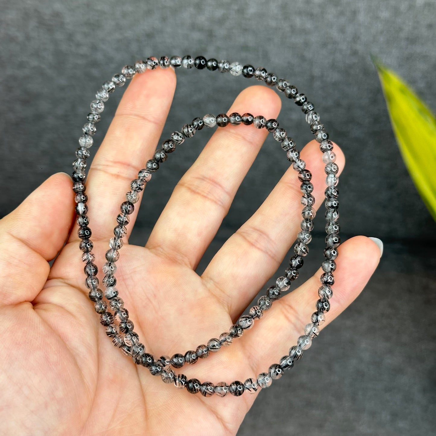 Natural Black Rutilated Quartz Triple Wrap Bracelet Size 4.6 mm