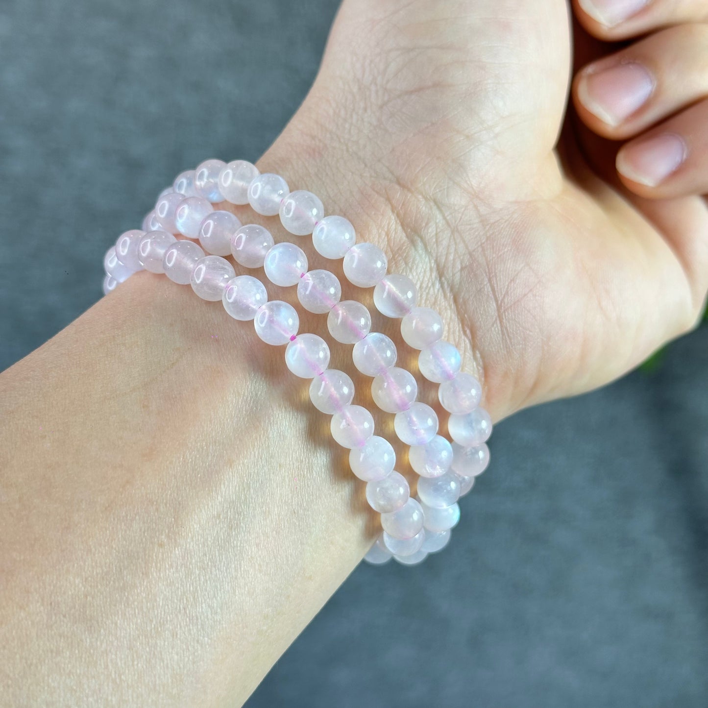 Natural Pink Moonstone Triple Wrap Bracelet Slze 6.5 mm