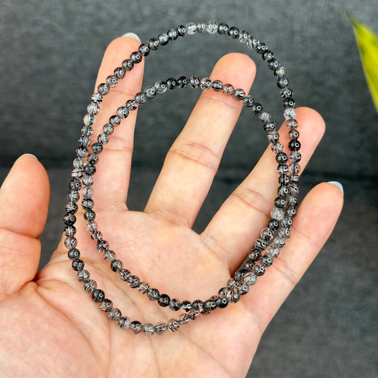 Natural Black Rutilated Quartz Triple Wrap Bracelet Size 4.6 mm
