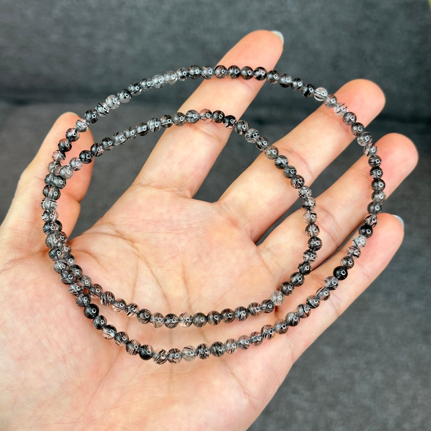 Natural Black Rutilated Quartz Triple Wrap Bracelet Size 4.6 mm
