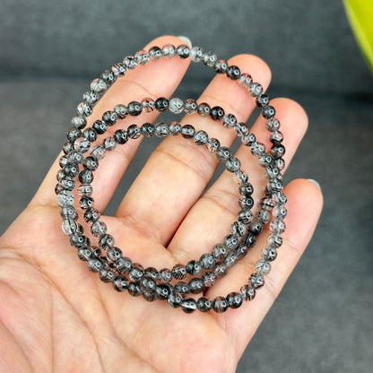 Natural Black Rutilated Quartz Triple Wrap Bracelet Size 4.6 mm
