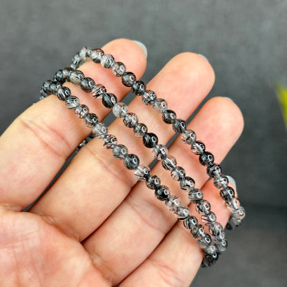 Natural Black Rutilated Quartz Triple Wrap Bracelet Size 4.6 mm