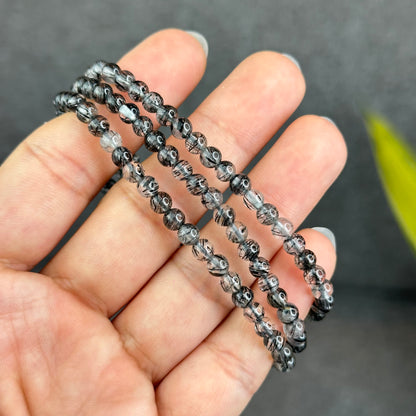 Natural Black Rutilated Quartz Triple Wrap Bracelet Size 4.6 mm
