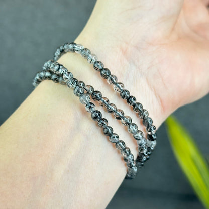 Natural Black Rutilated Quartz Triple Wrap Bracelet Size 4.6 mm