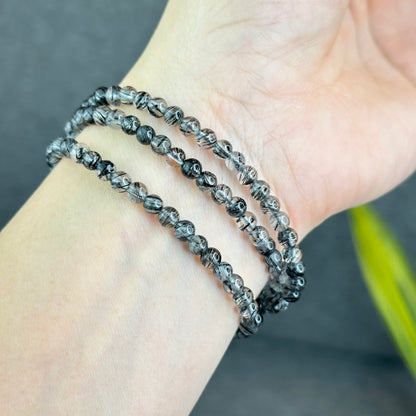 Natural Black Rutilated Quartz Triple Wrap Bracelet Size 4.6 mm