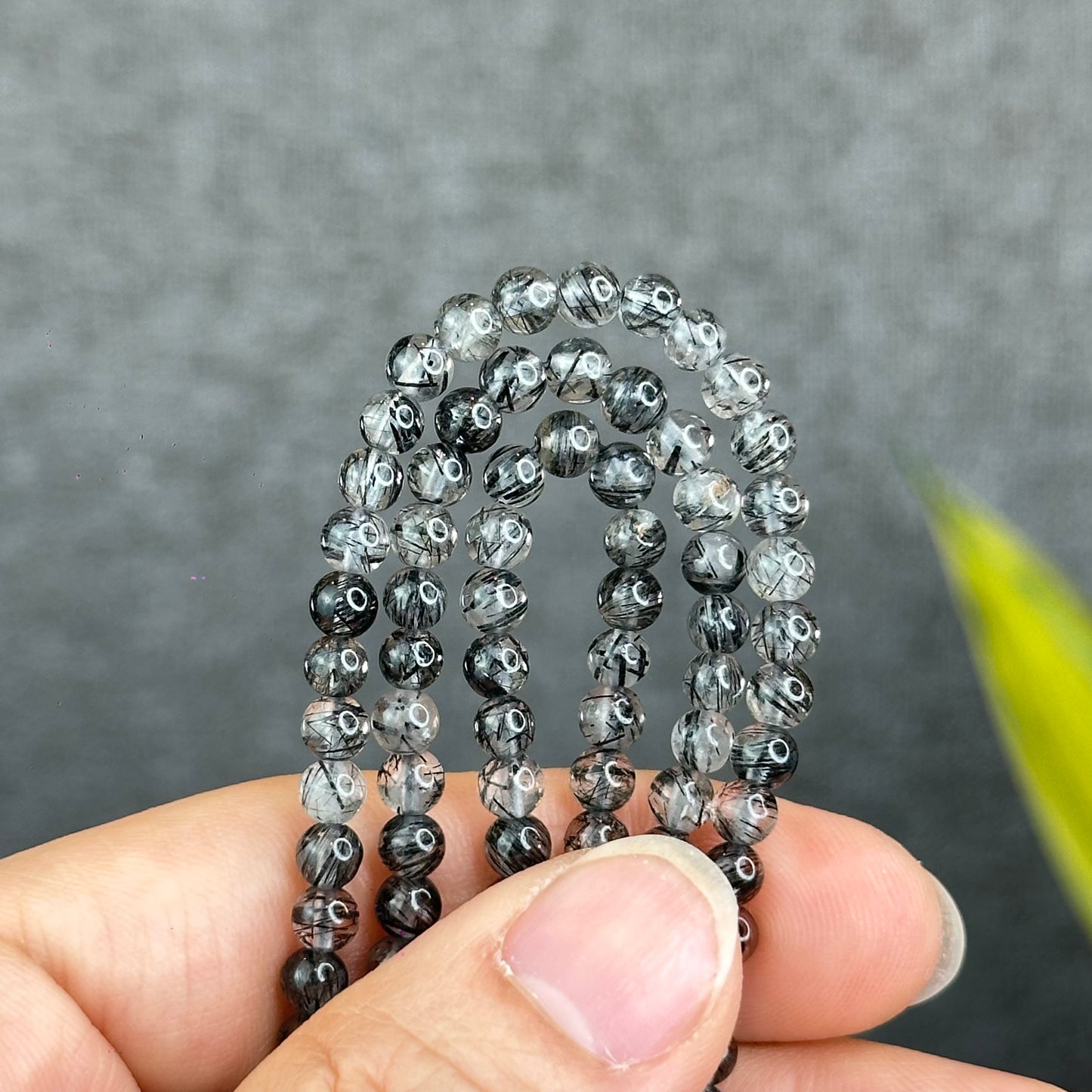 Natural Black Rutilated Quartz Triple Wrap Bracelet Size 4.6 mm
