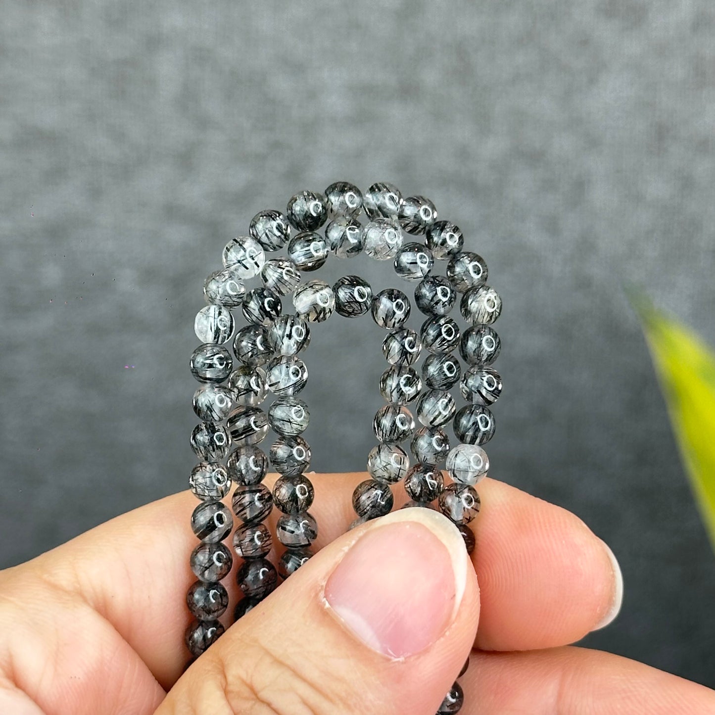 Natural Black Rutilated Quartz Triple Wrap Bracelet Size 4.6 mm