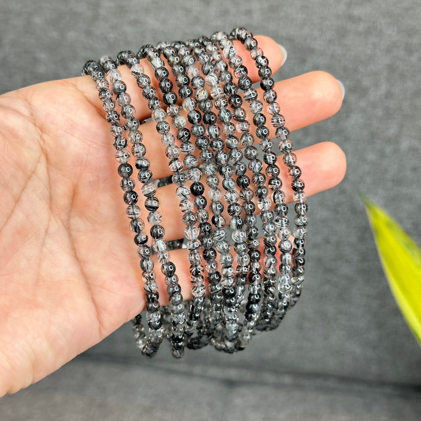 Natural Black Rutilated Quartz Triple Wrap Bracelet Size 4.6 mm