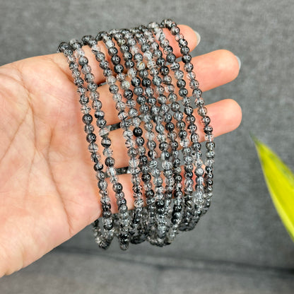 Natural Black Rutilated Quartz Triple Wrap Bracelet Size 4.6 mm