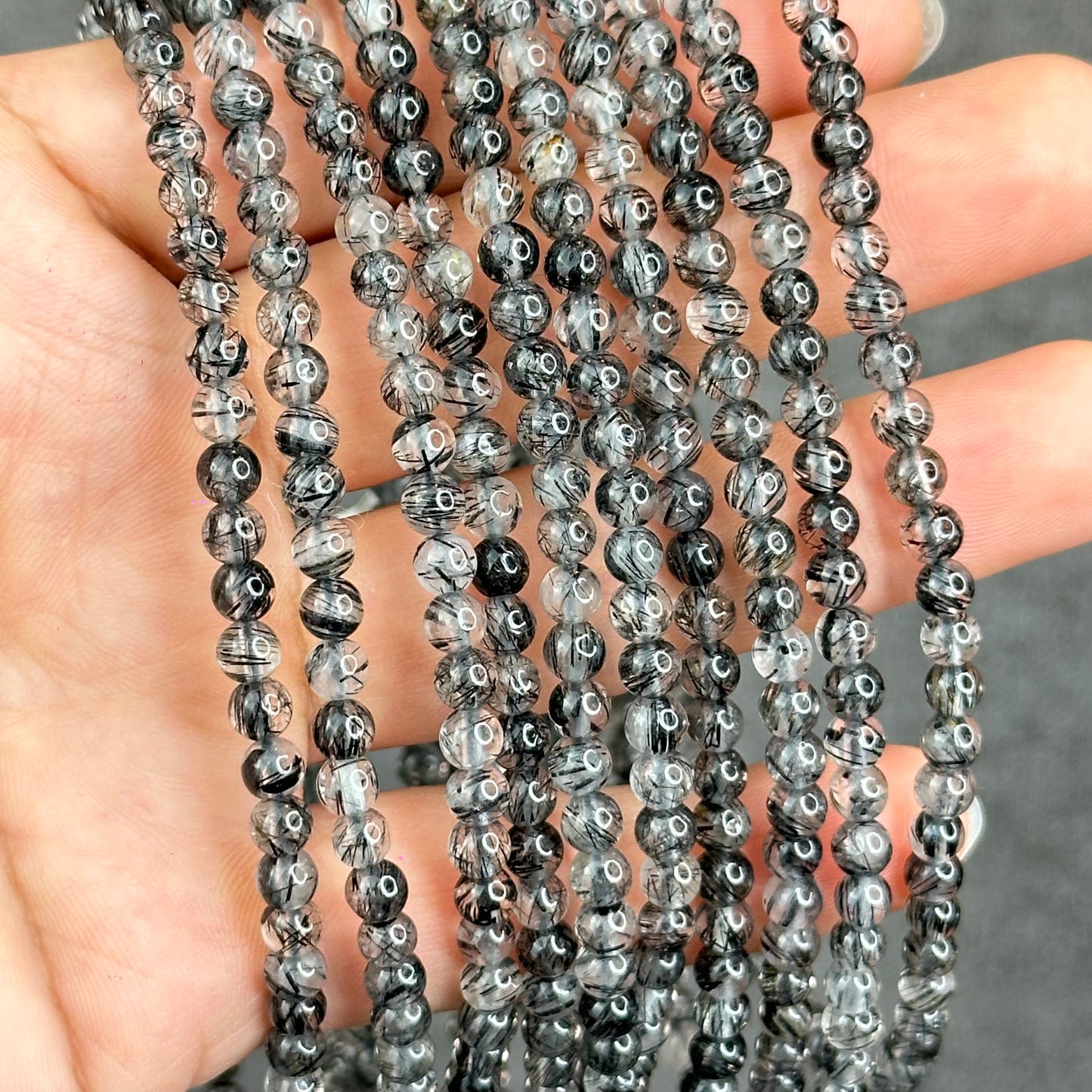 Natural Black Rutilated Quartz Triple Wrap Bracelet Size 4.6 mm