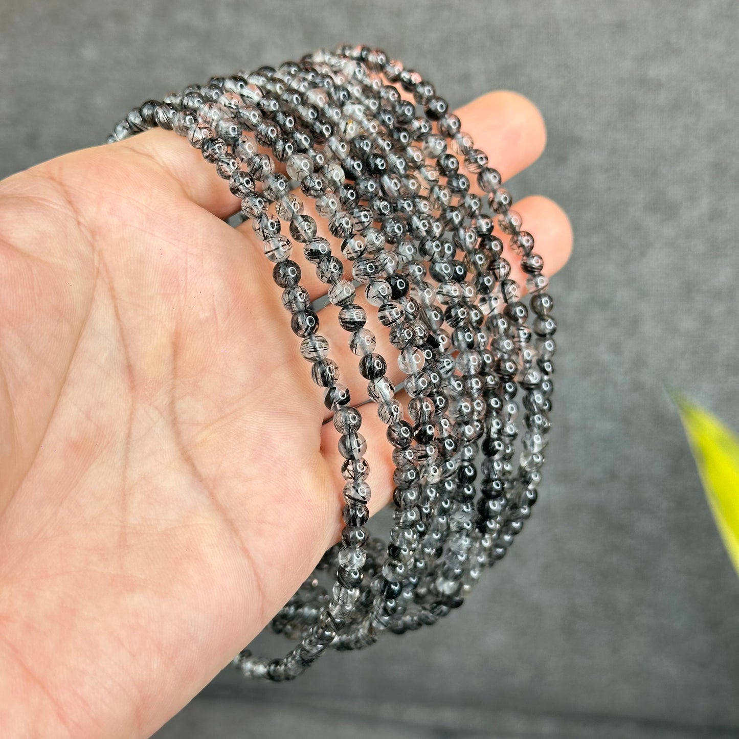 Natural Black Rutilated Quartz Triple Wrap Bracelet Size 4.6 mm