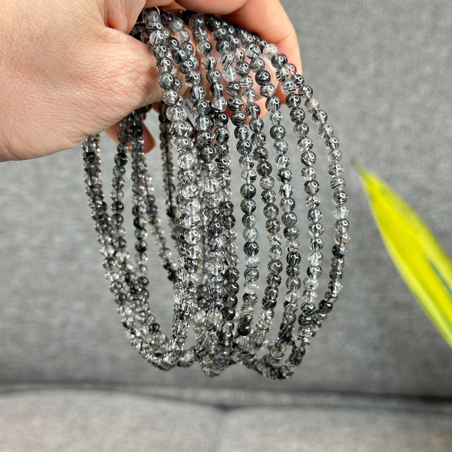 Natural Black Rutilated Quartz Triple Wrap Bracelet Size 4.6 mm