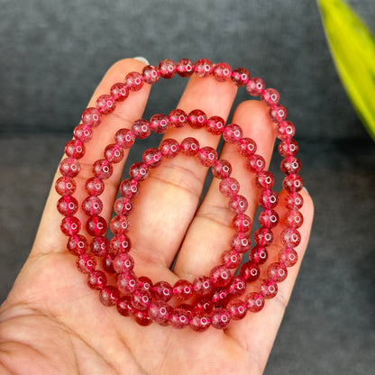 Natural Pink Strawberry Quartz Triple Wrap Bracelet Size 6 mm