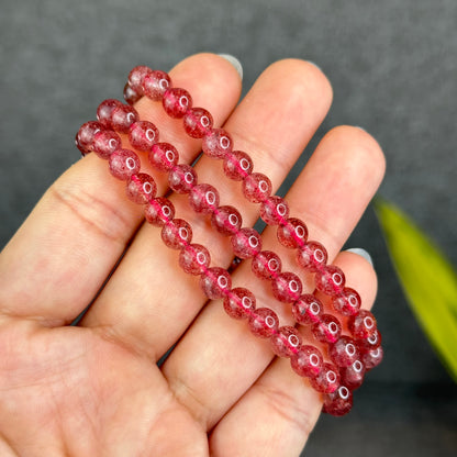 Natural Pink Strawberry Quartz Triple Wrap Bracelet Size 6 mm