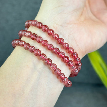 Natural Pink Strawberry Quartz Triple Wrap Bracelet Size 6 mm