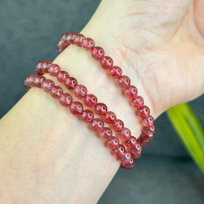 Natural Pink Strawberry Quartz Triple Wrap Bracelet Size 6 mm