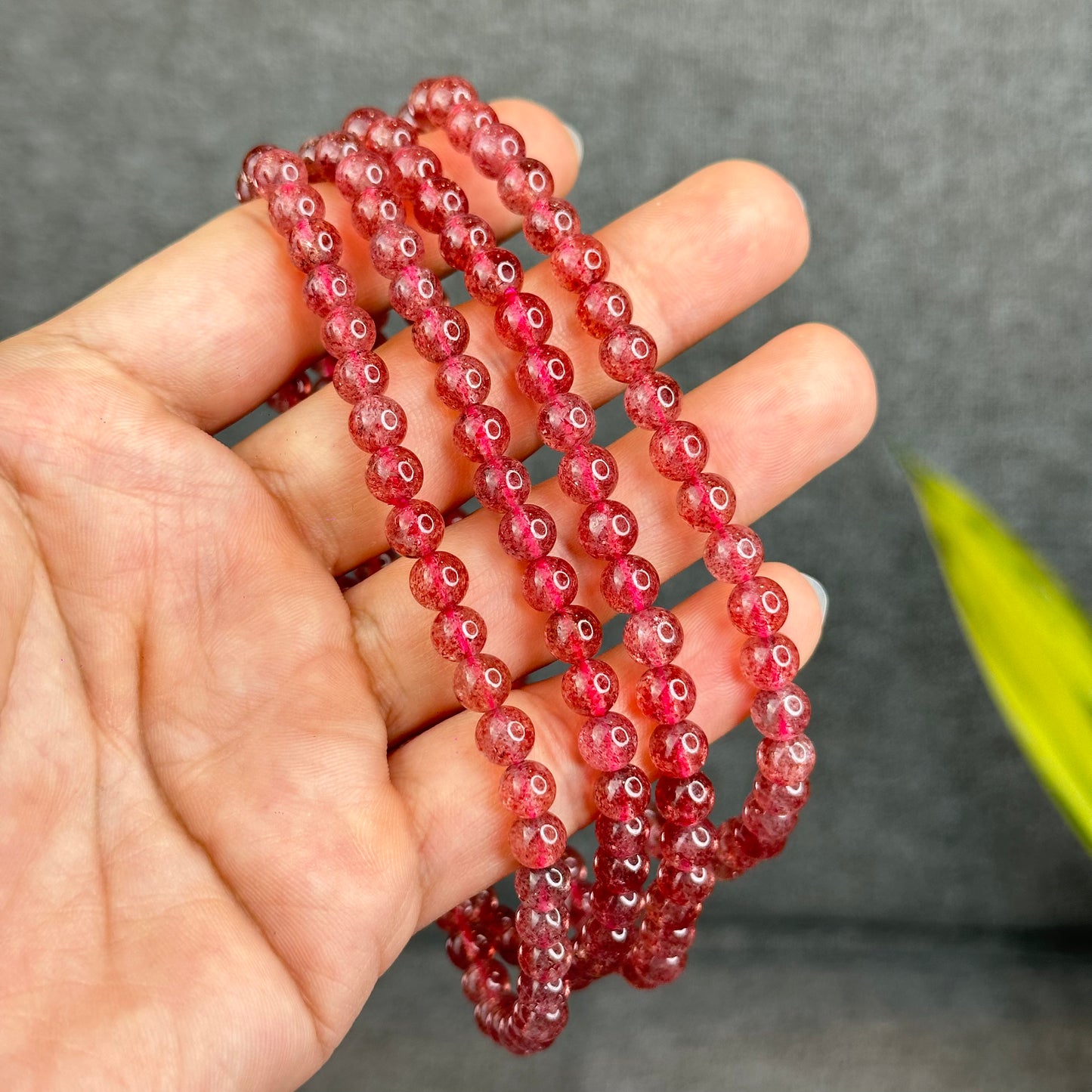 Natural Pink Strawberry Quartz Triple Wrap Bracelet Size 6 mm