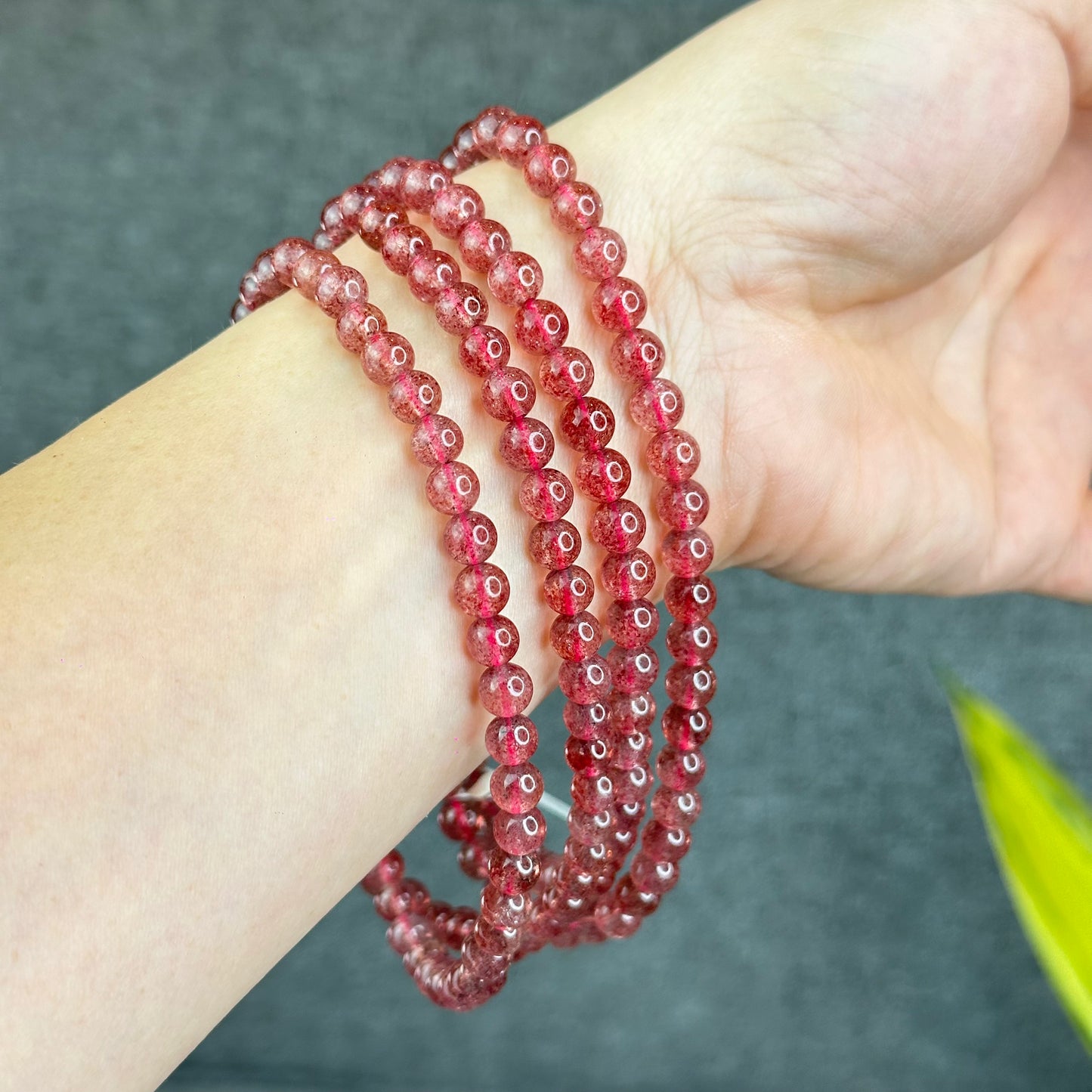 Natural Pink Strawberry Quartz Triple Wrap Bracelet Size 6 mm