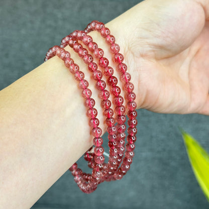 Natural Pink Strawberry Quartz Triple Wrap Bracelet Size 6 mm