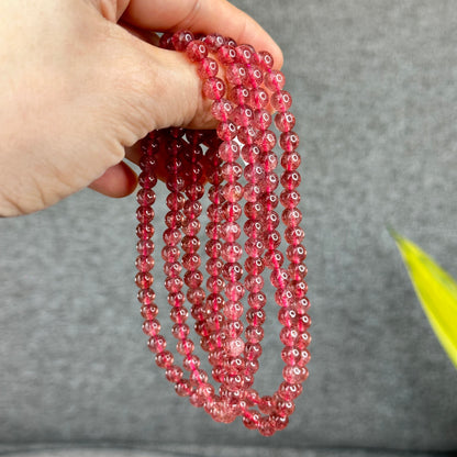 Natural Pink Strawberry Quartz Triple Wrap Bracelet Size 6 mm