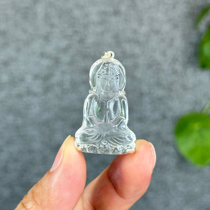 Natural Clear Quartz Tara Buddha Pendant with Paw Hook s92 Silver