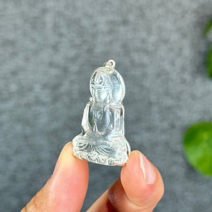 Natural Clear Quartz Tara Buddha Pendant with Paw Hook s92 Silver