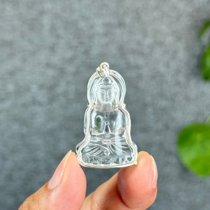 Natural Clear Quartz Tara Buddha Pendant with Paw Hook s92 Silver